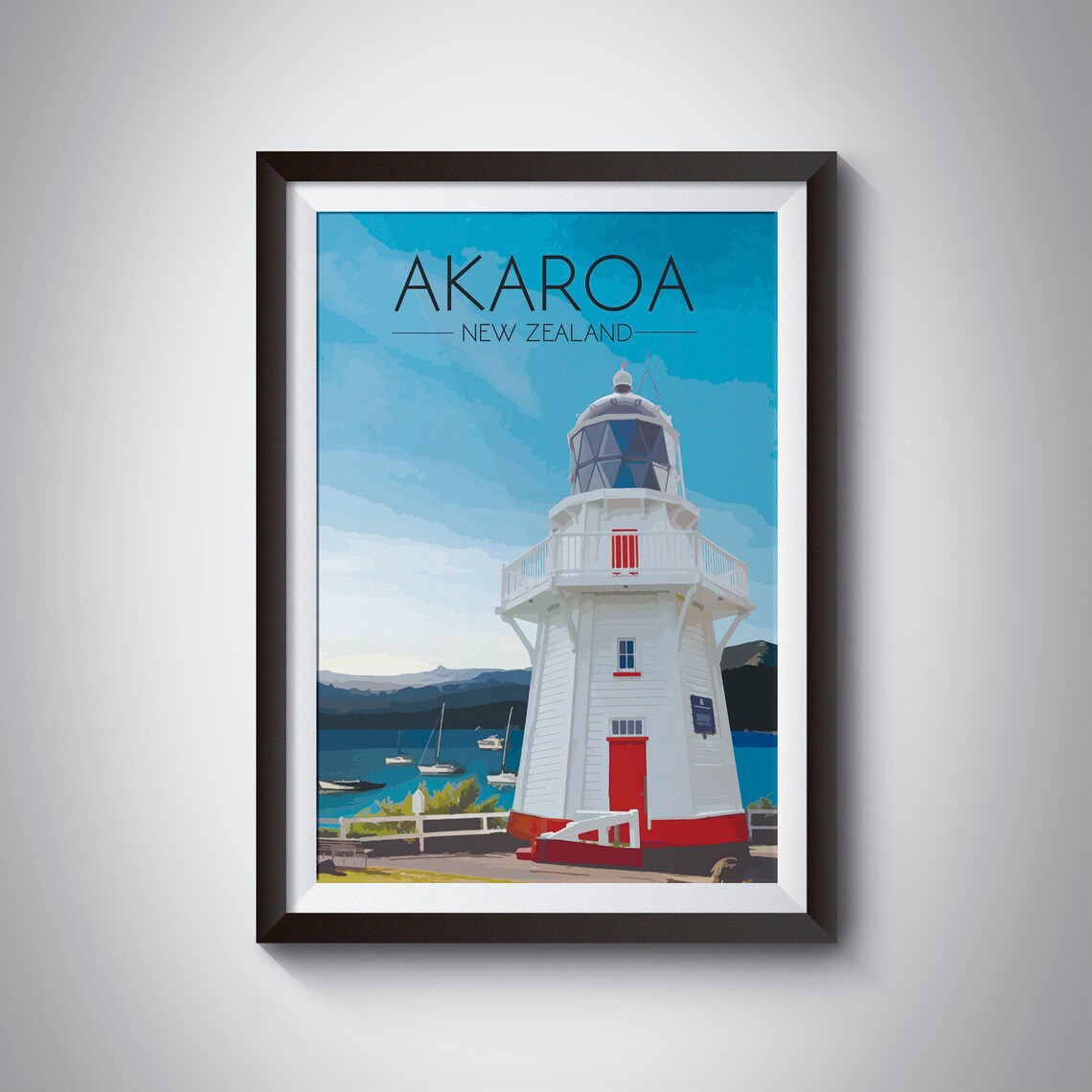 Akaroa New Zealand Retro Travel Poster, Harbour View
