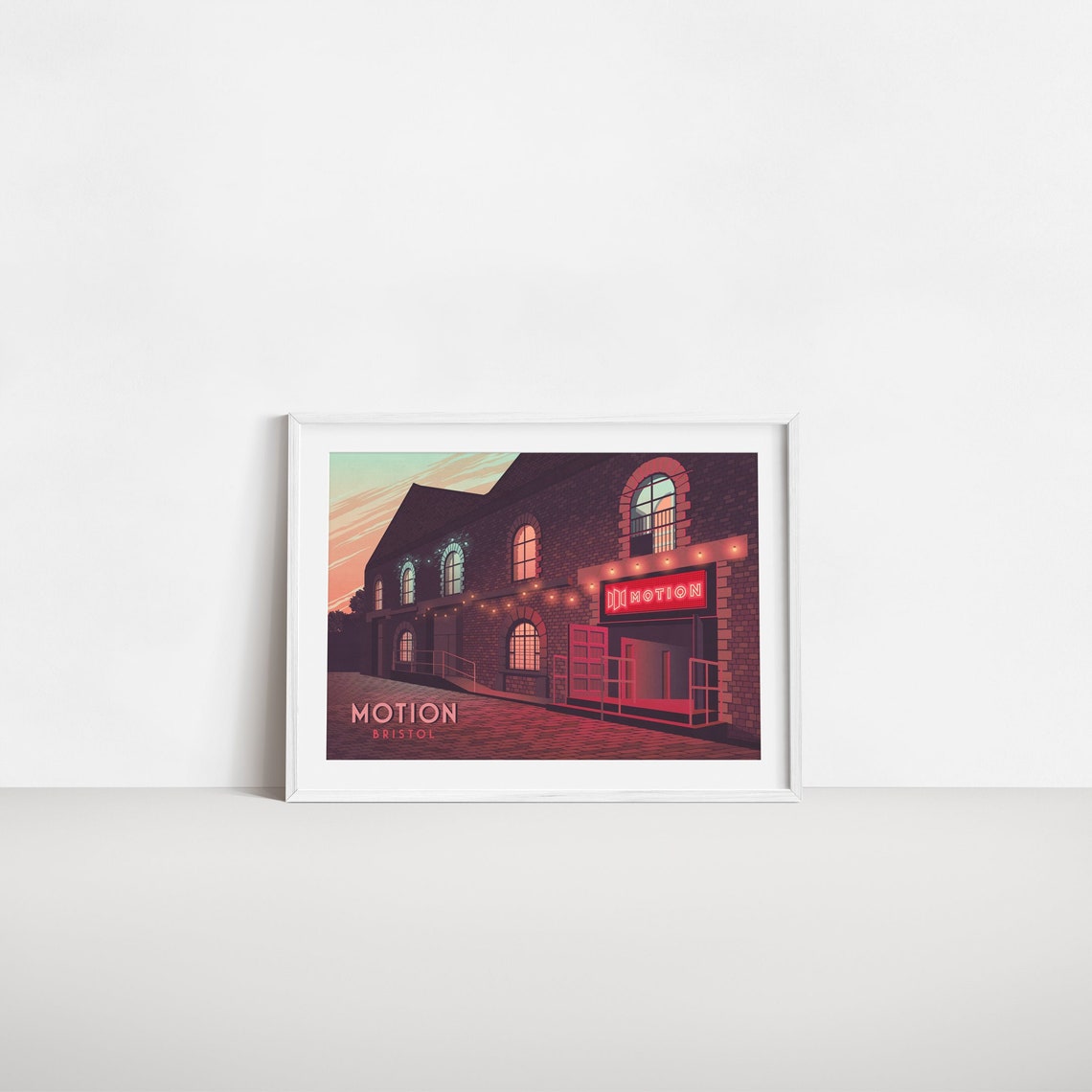 Motion Bristol Nightclub Red Neon Brick Facade Evening Poster - Image 2