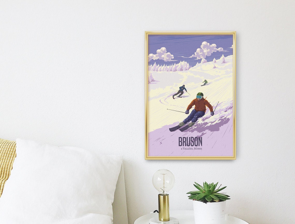 Bruson Swiss Alps Three Skiers Racing Down Powder Slope Poster - Image 3