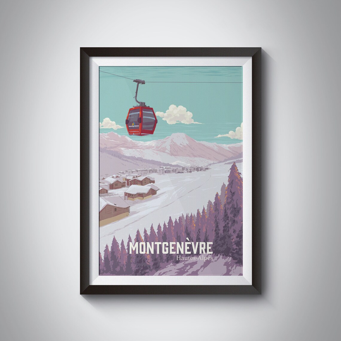Montgenevre Hautes Alpes Gondola Snowy Village Vintage Ski Poster