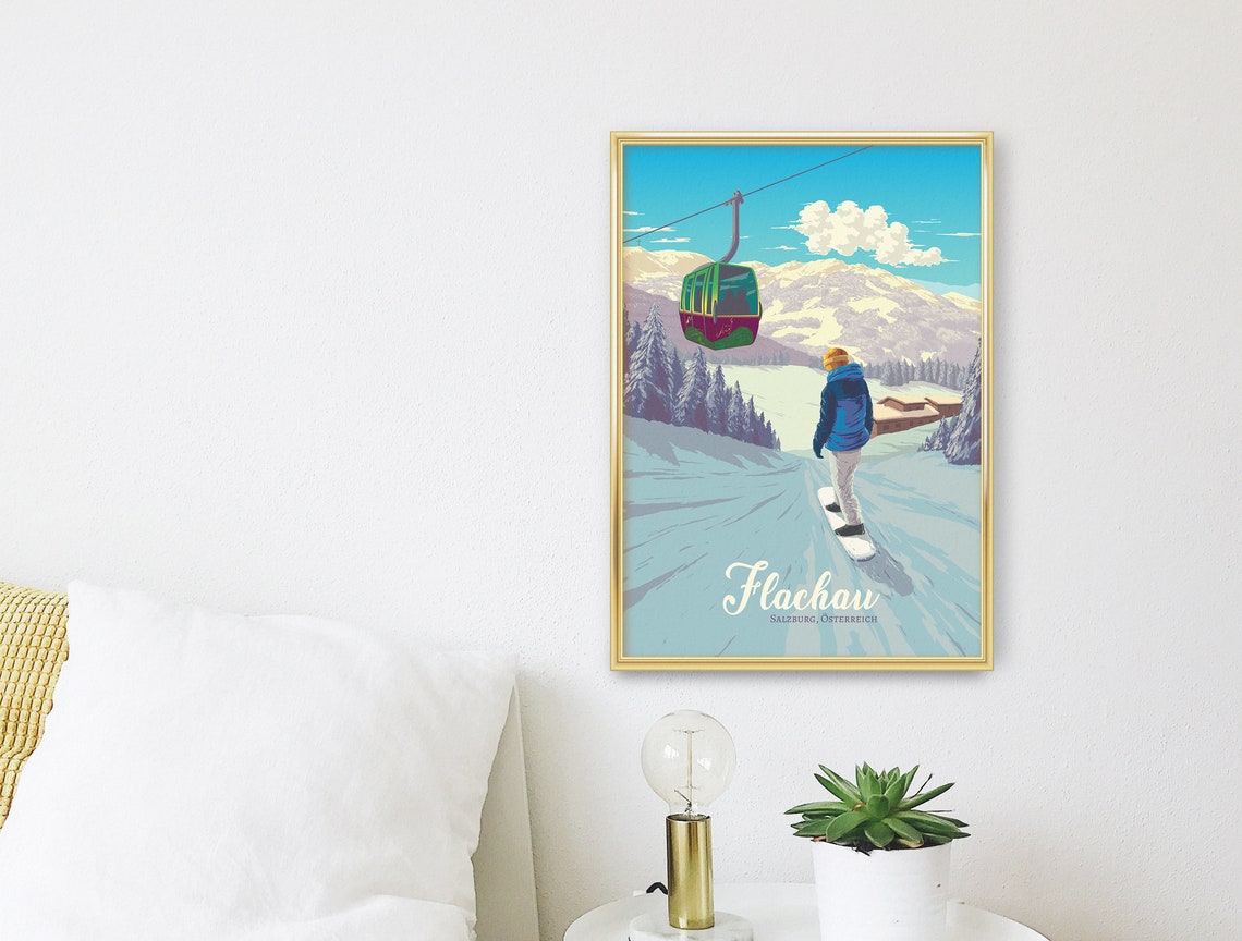 Flachau Austria Snowboarder Gondola Vintage Ski Resort Poster - Image 3