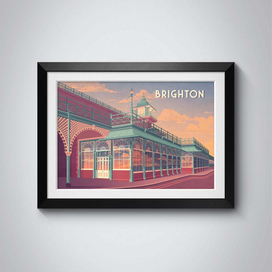 Brighton Seafront Victorian Pavilion Sunset England Travel Poster