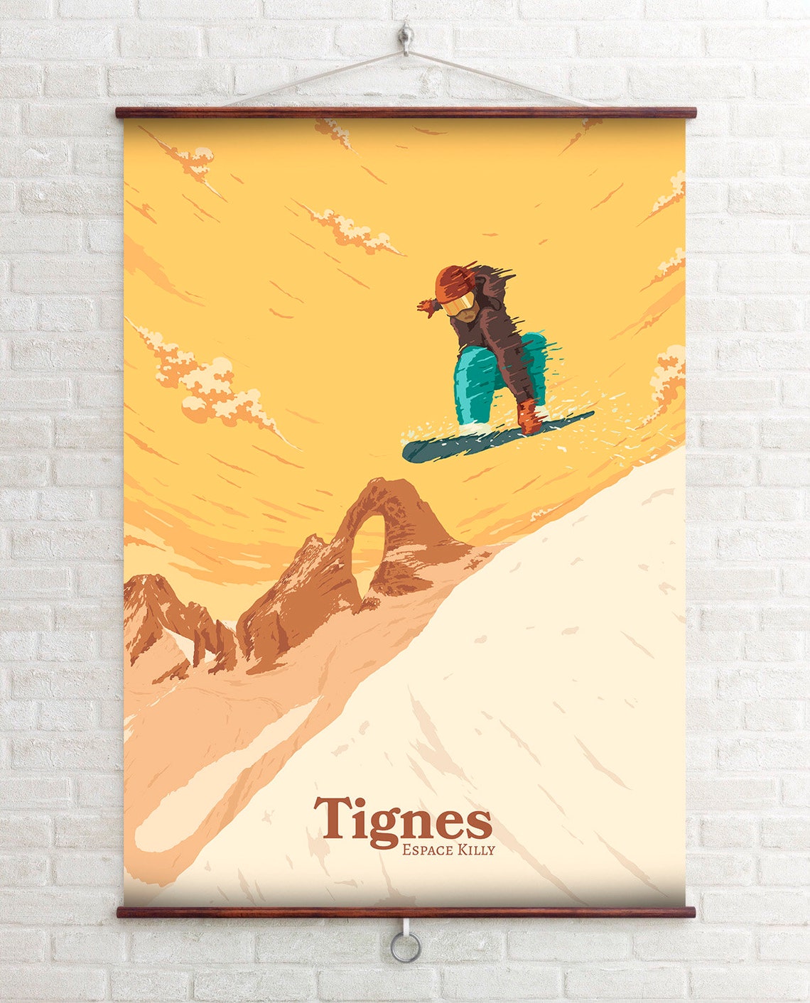 Tignes France Airborne Snowboarder Rock Arch Golden Sky Ski Poster - Image 2