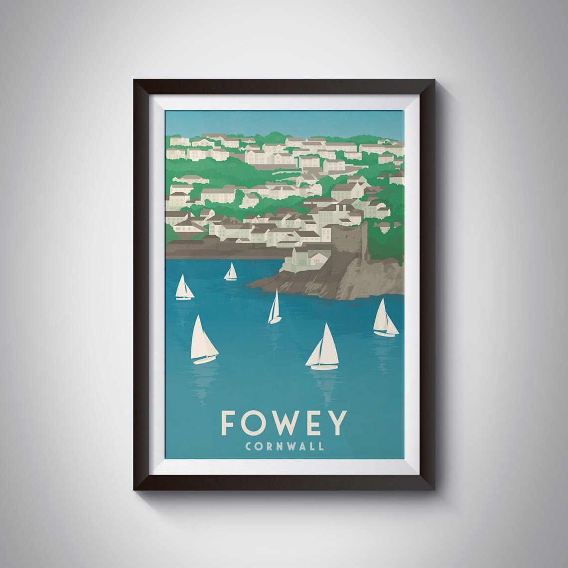 Fowey Cornwall Travel Poster, Harbour Boats Art Print