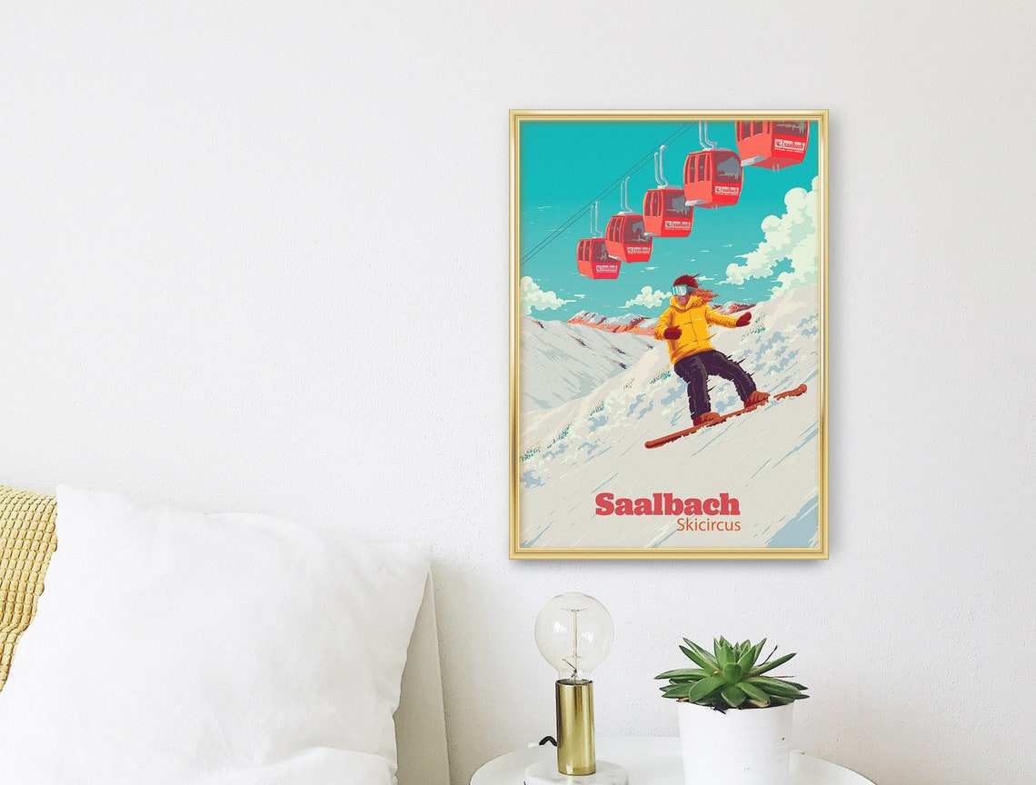 Saalbach Skicircus Red Gondolas Snowboarder Alpine Vintage Poster - Image 3