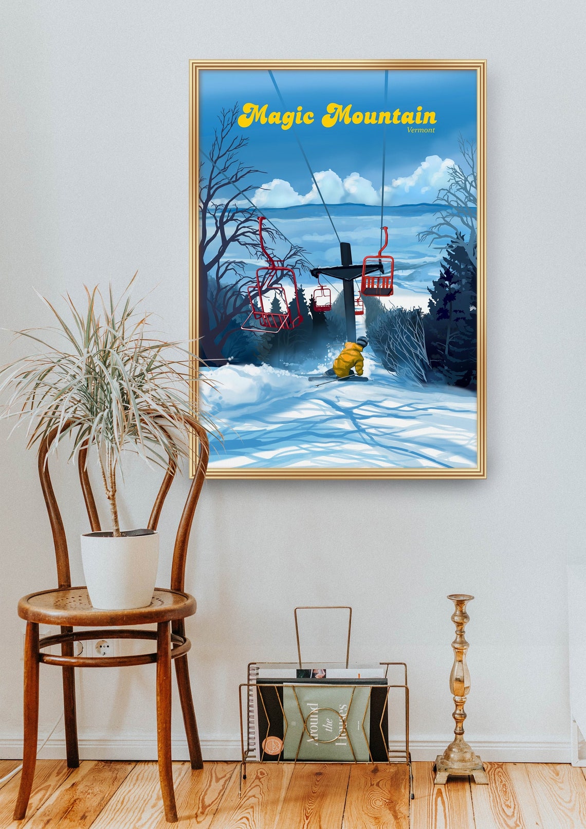 Magic Mountain Vermont Red Chairs Skier Vintage Ski Resort Poster - Image 2