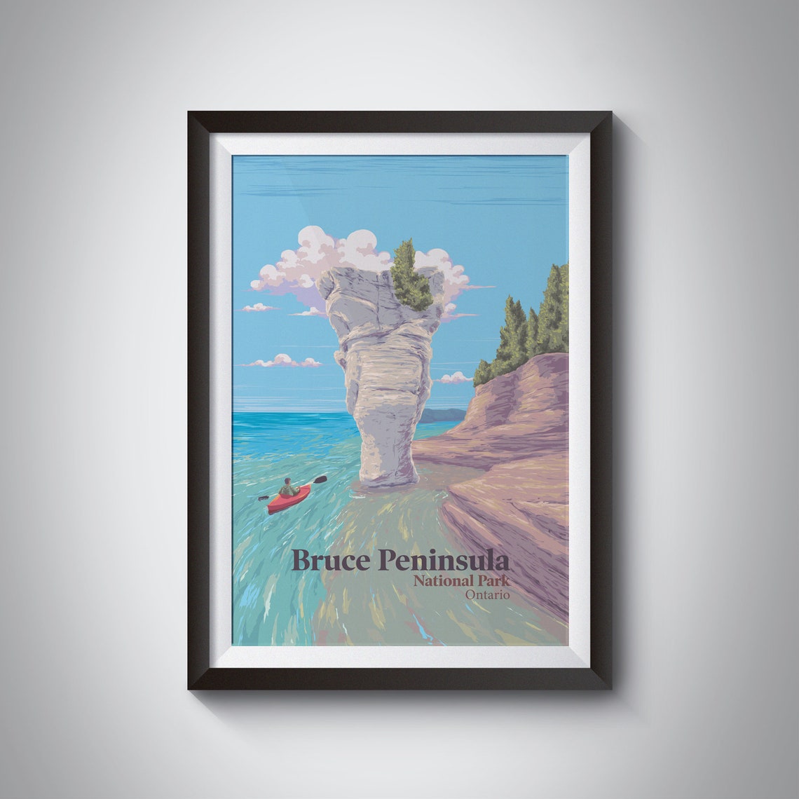 Bruce Peninsula Ontario Flowerpot Rock Kayak Vintage Travel Poster