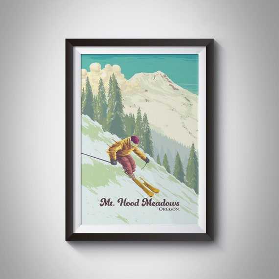 Mt Hood Meadows Oregon Ski Resort Travel Poster Snowboarding Timberline Lodge Usa Vintage Skiing Print Ski Artwork Framed Print Gift