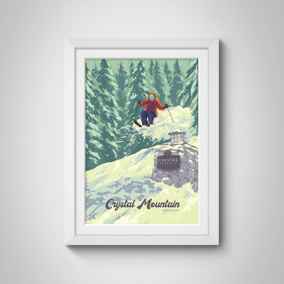 Crystal Mountain Michigan Ski Jumper Powder Snow Vintage Travel Poster - Image 4