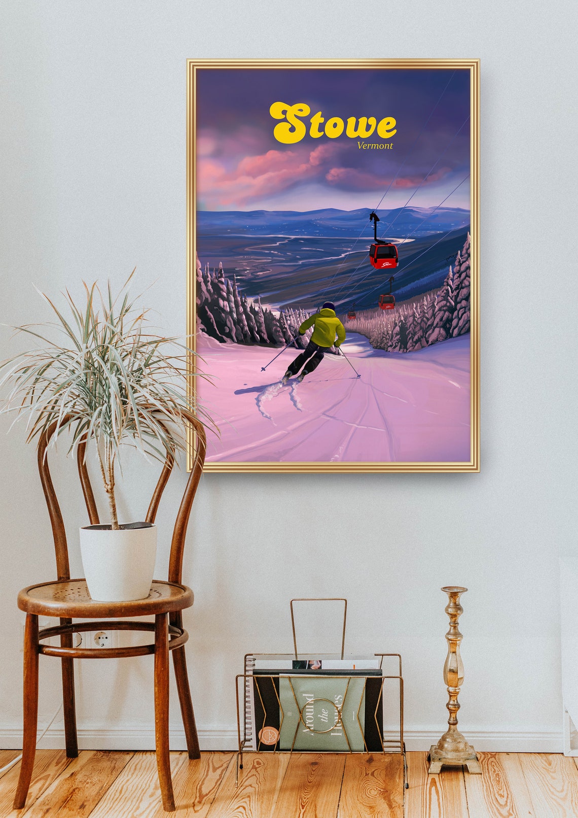 Stowe Vermont Skier Sunset Gondola Mountain Retro Travel Poster - Image 2