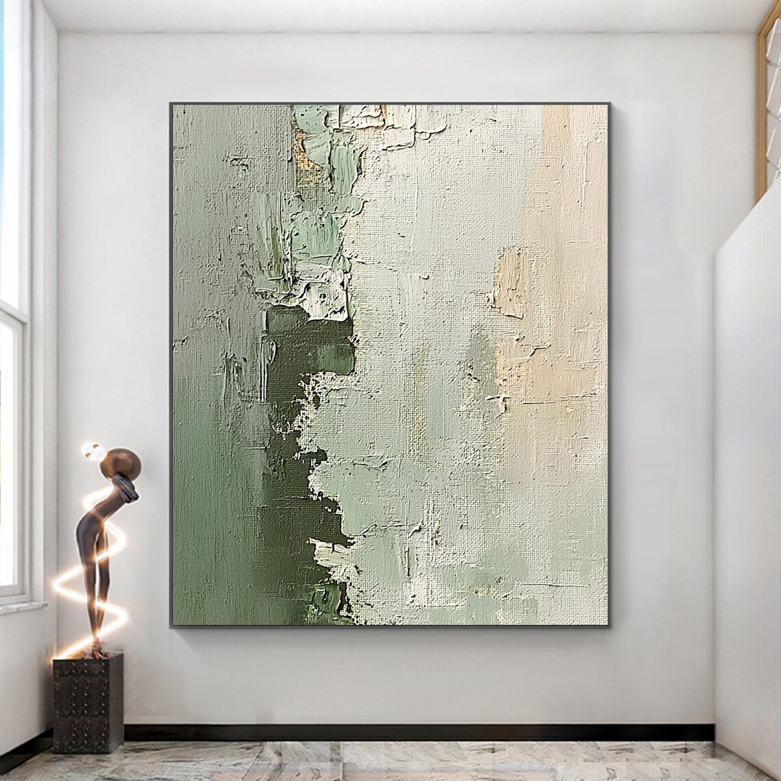 Large Green Abstract Oil Painting, Minimalist Art Print
