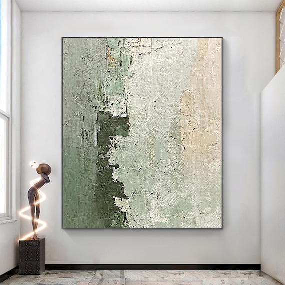 Large Green Abstract Oil Painting, Minimalist Art Print