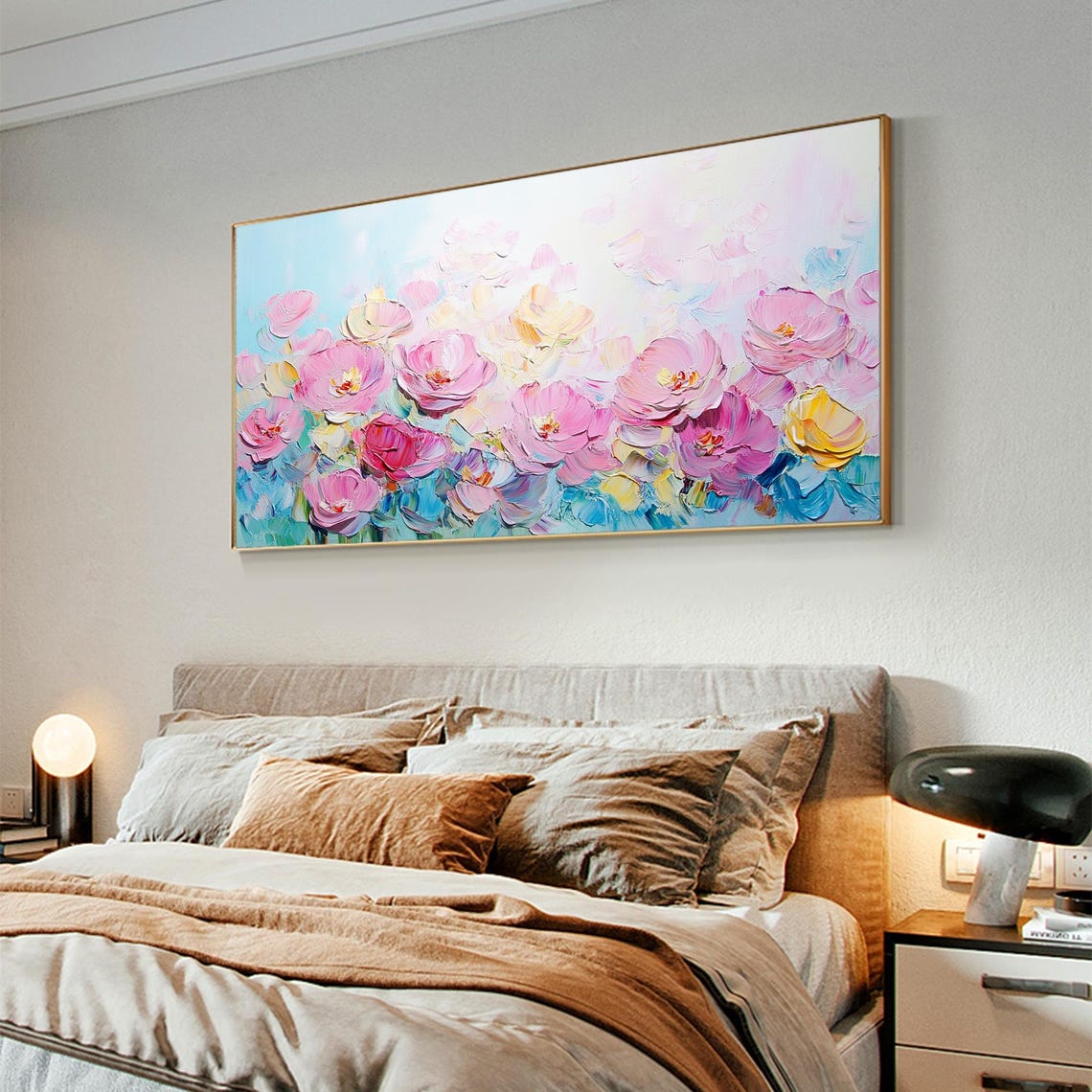 Pink Peony Blossoms Blooming on Turquoise Impasto Floral Wall Art - Image 4