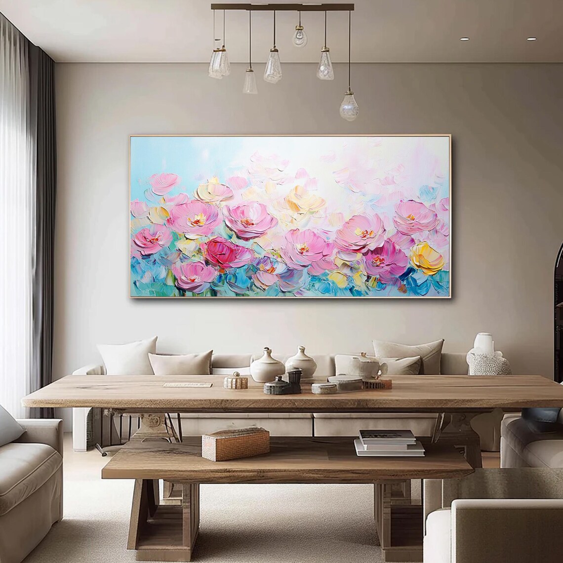 Pink Peony Blossoms Blooming on Turquoise Impasto Floral Wall Art - Image 2