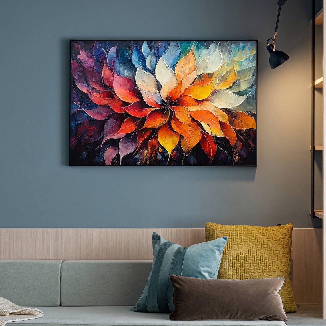 Rainbow Leaf Bloom Burst Radiating on Dark Abstract Floral Wall Art - Image 4