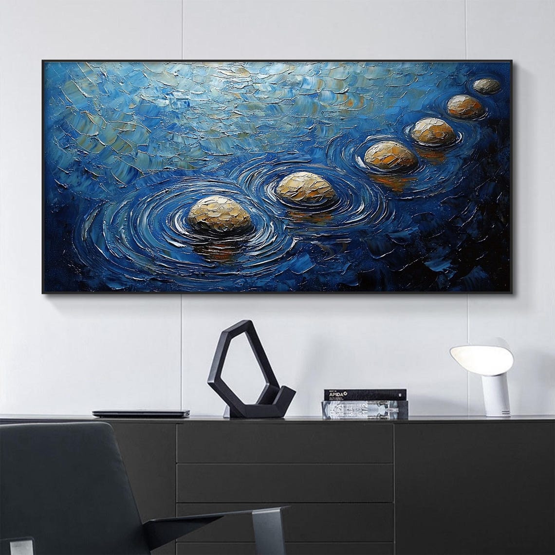 Five Smooth Golden Stones Crossing Dark Blue Water In An Arc Poster - Image 5