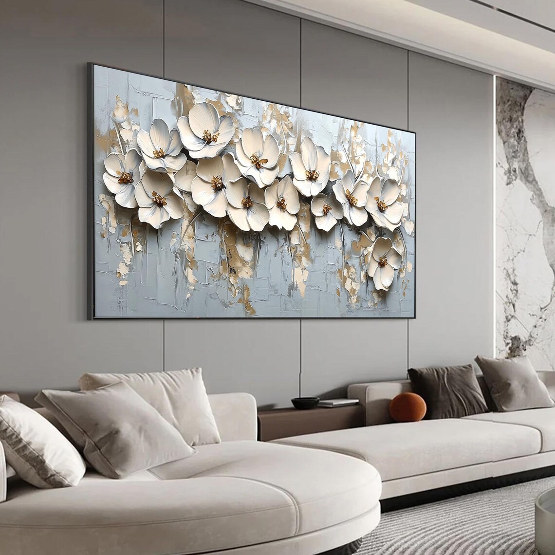 White 3D Flower Garland Draped on Pale Blue Grey Floral Wall Art - Image 4