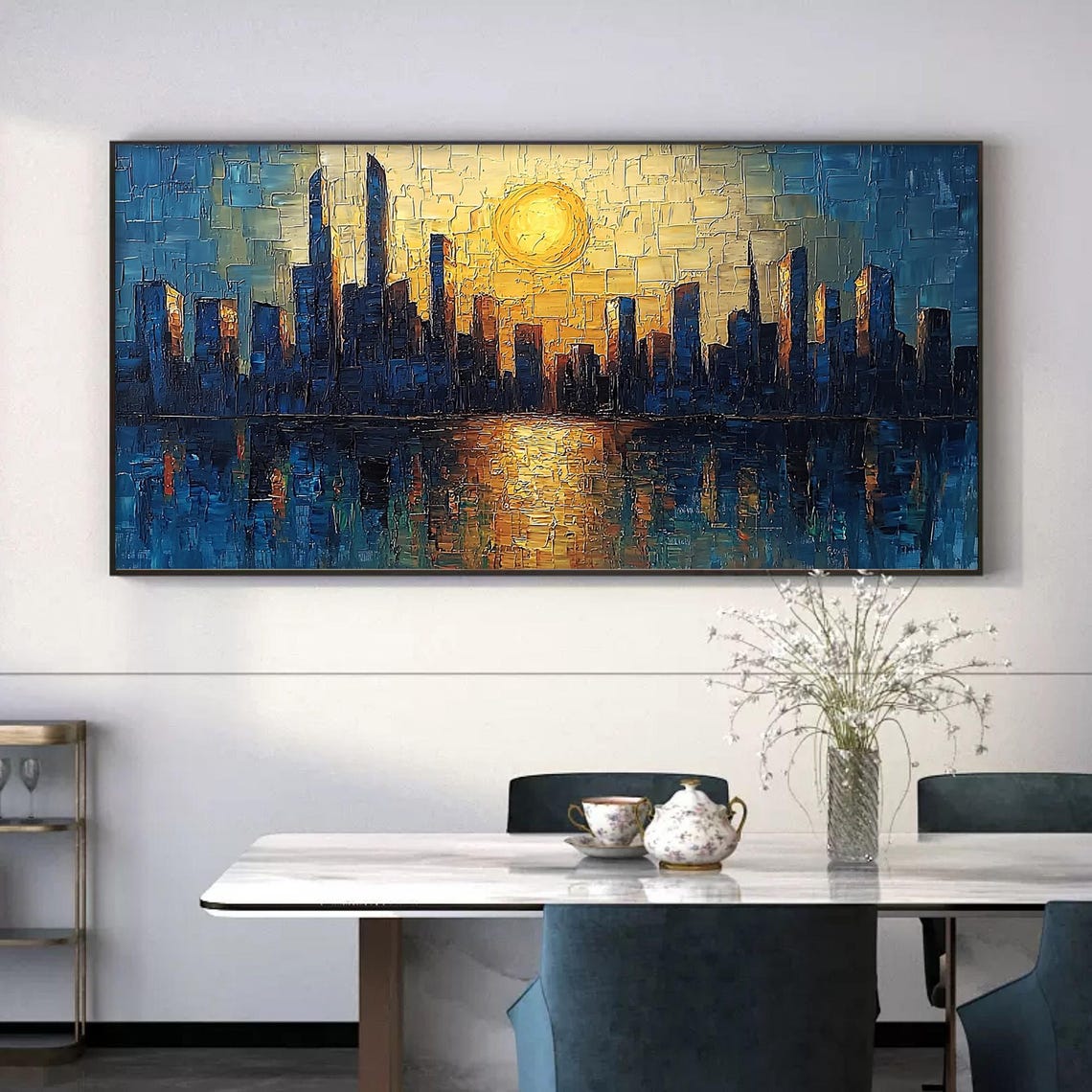 Sunset City Skyline Under Golden Sun with Water Reflection Wall Art - Image 5
