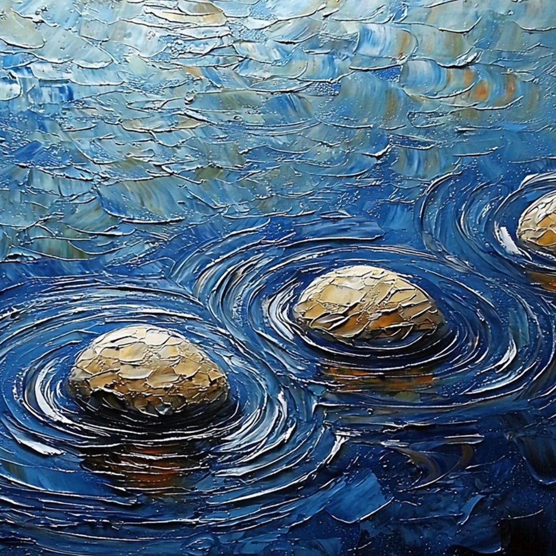 Five Smooth Golden Stones Crossing Dark Blue Water In An Arc Poster - Image 3