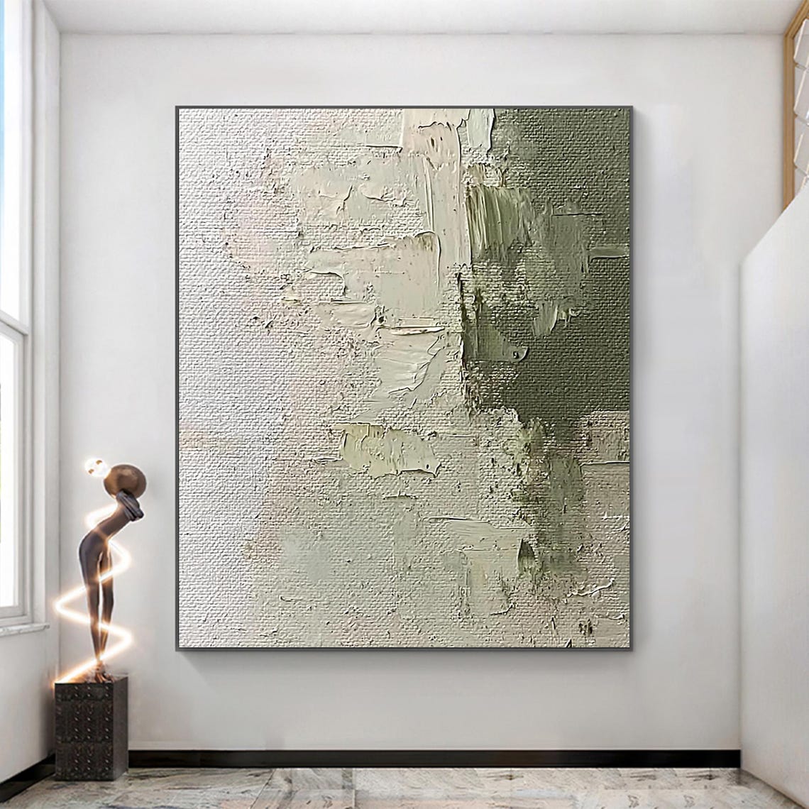 Beige Plaster Abstract with Olive Green Block Minimalist Wall Art
