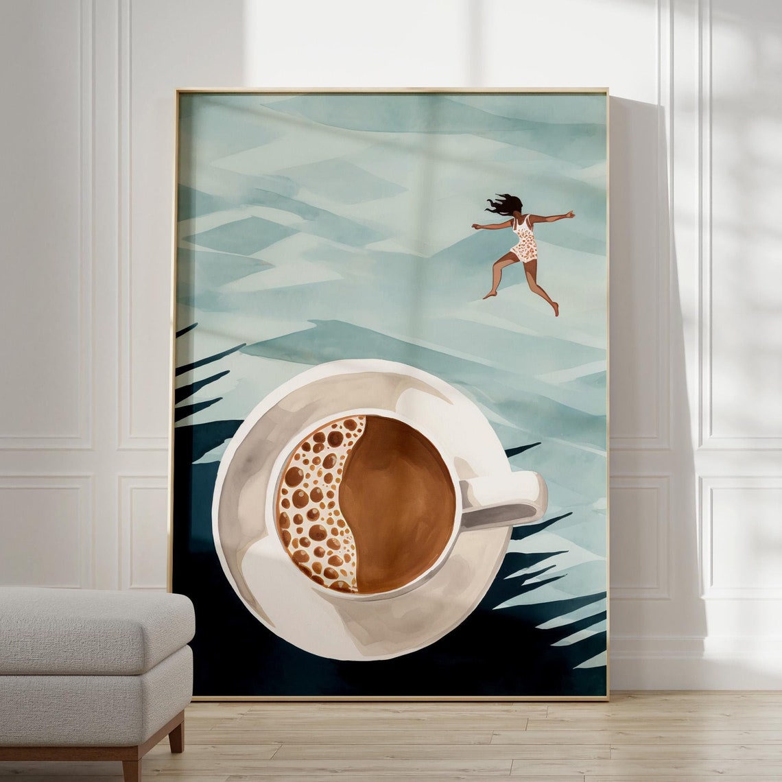 Surreal Coffee Diver Woman Jumping Into Giant Coffee Cup Poster