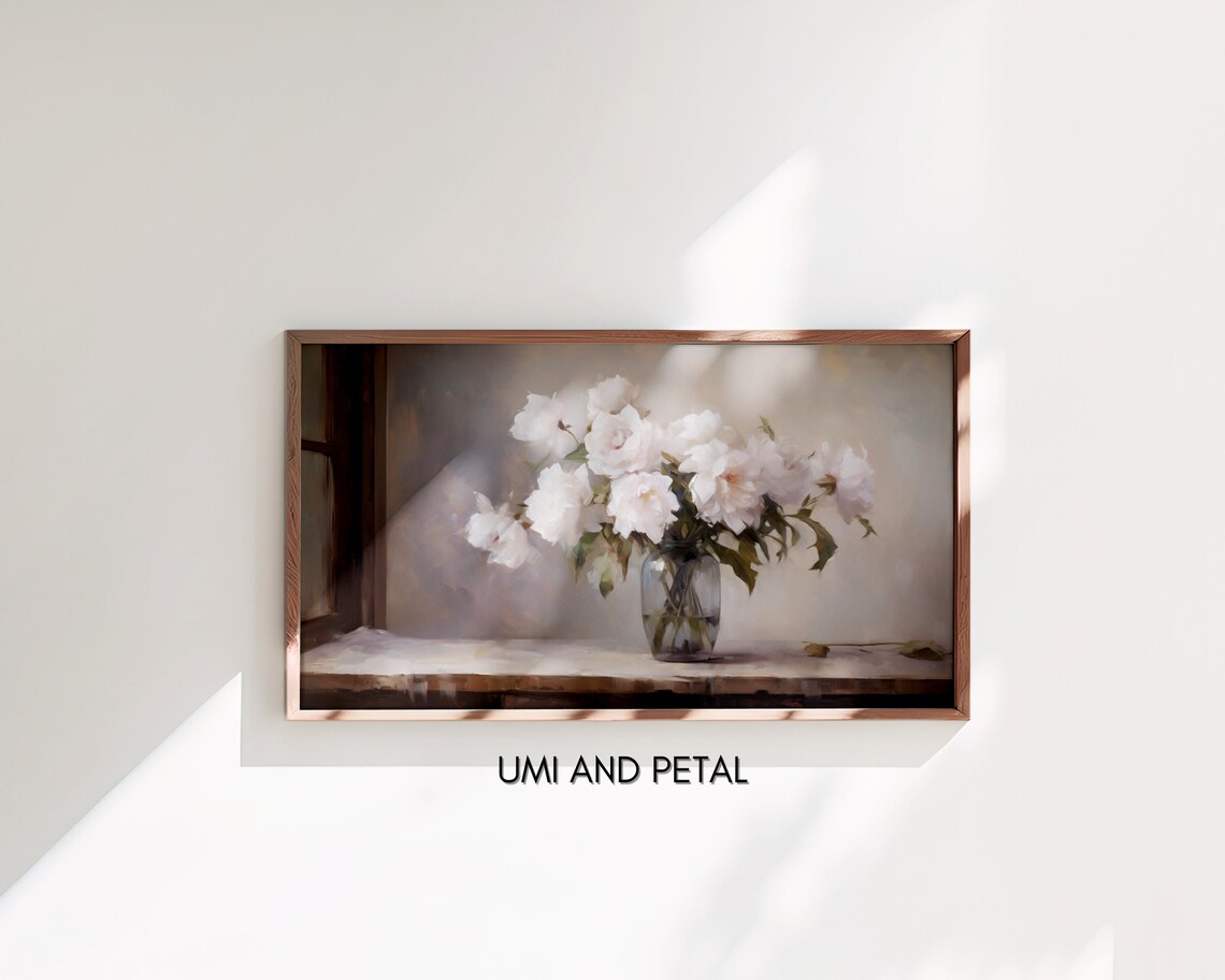 White Peonies Glass Vase Rustic Windowsill Floral Art Poster - Image 3