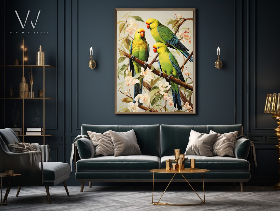 Three Carolina Parakeets on a Blossoming Branch Vintage Poster - Image 3