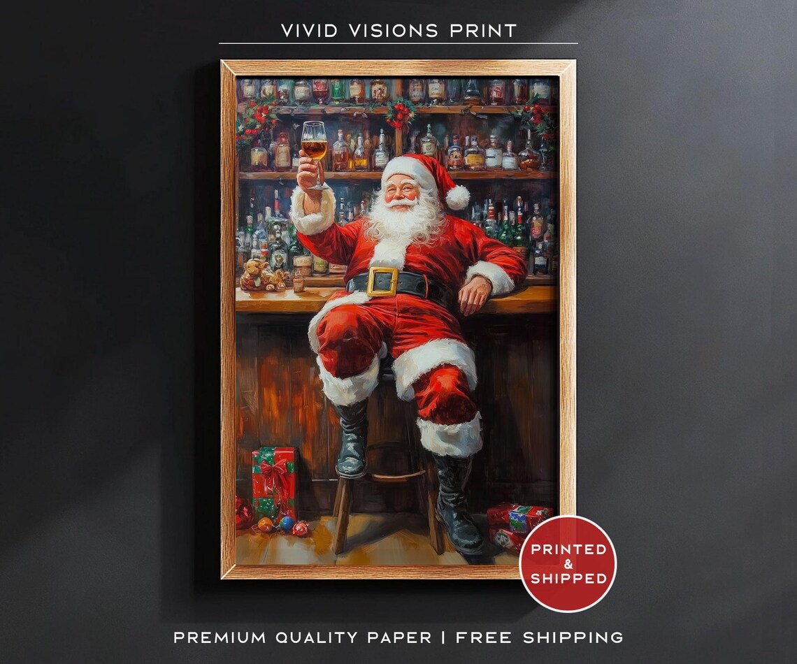 Santa Claus Toasting at Festive Christmas Bar Holiday Cheers Poster
