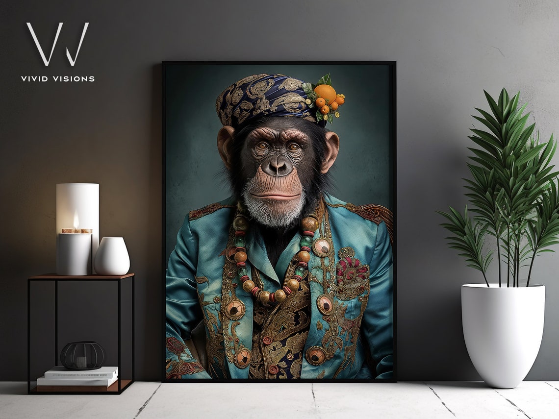 Chimpanzee in Turban Boho Royal Outfit Painted Animal Portrait Poster