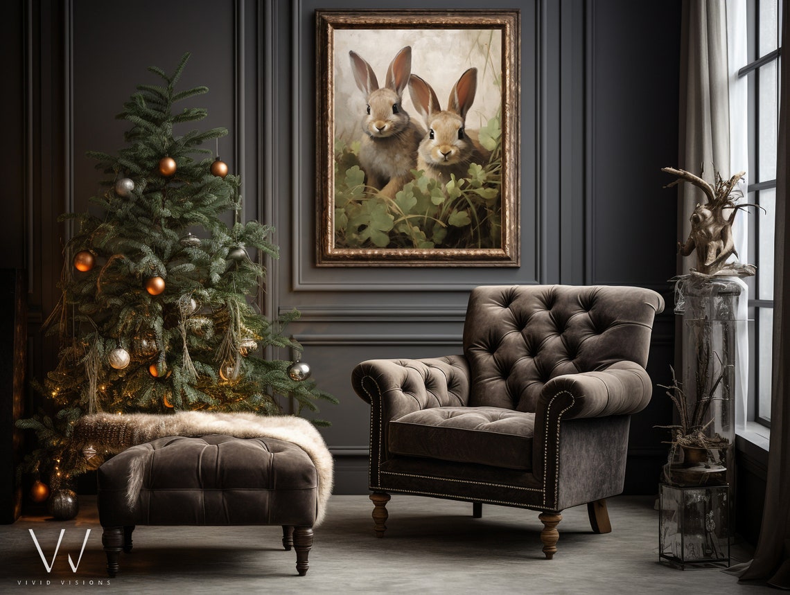 Bunny Pair among the Clover Vintage Spring Rabbit Wall Poster - Image 4