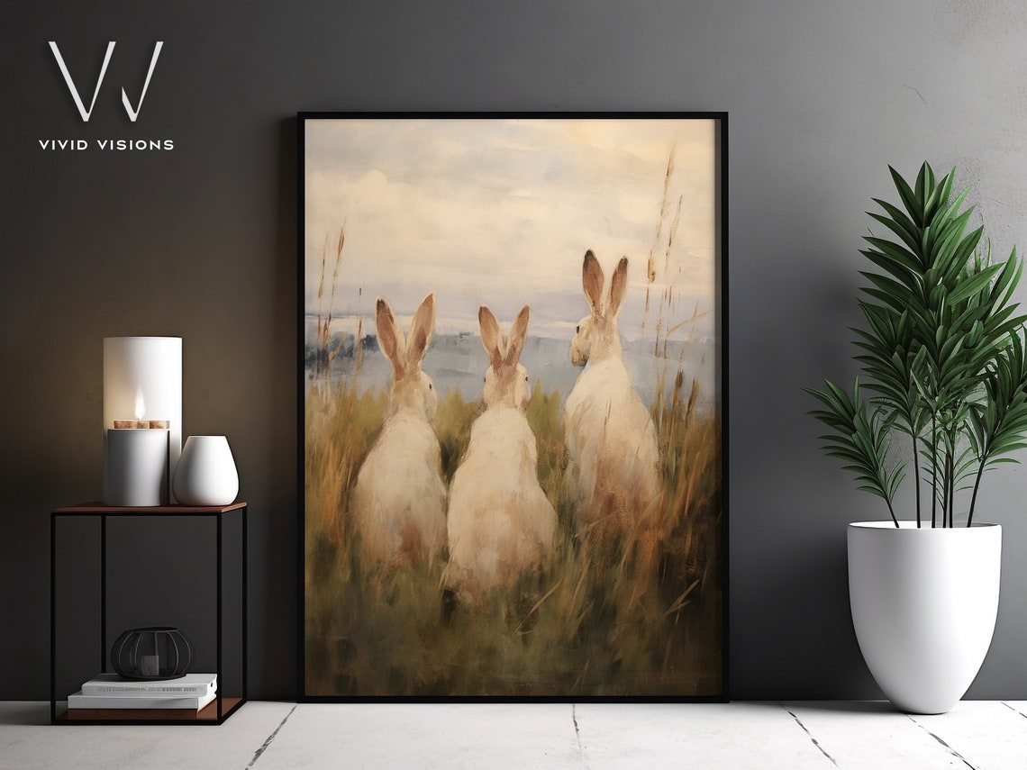 Three White Hares Gazing over the Meadow Vintage Rabbit Poster