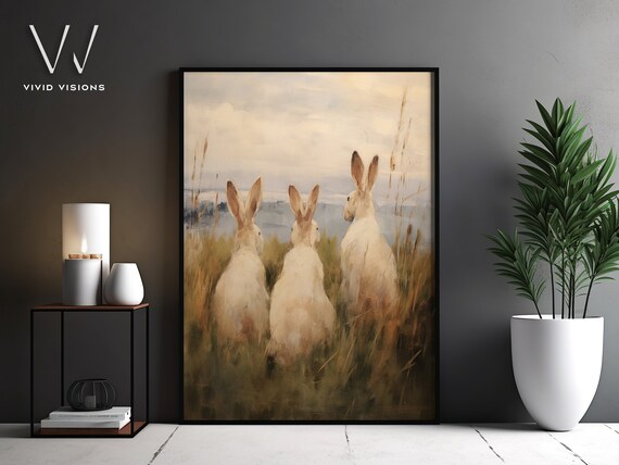Three White Hares Gazing over the Meadow Vintage Rabbit Poster