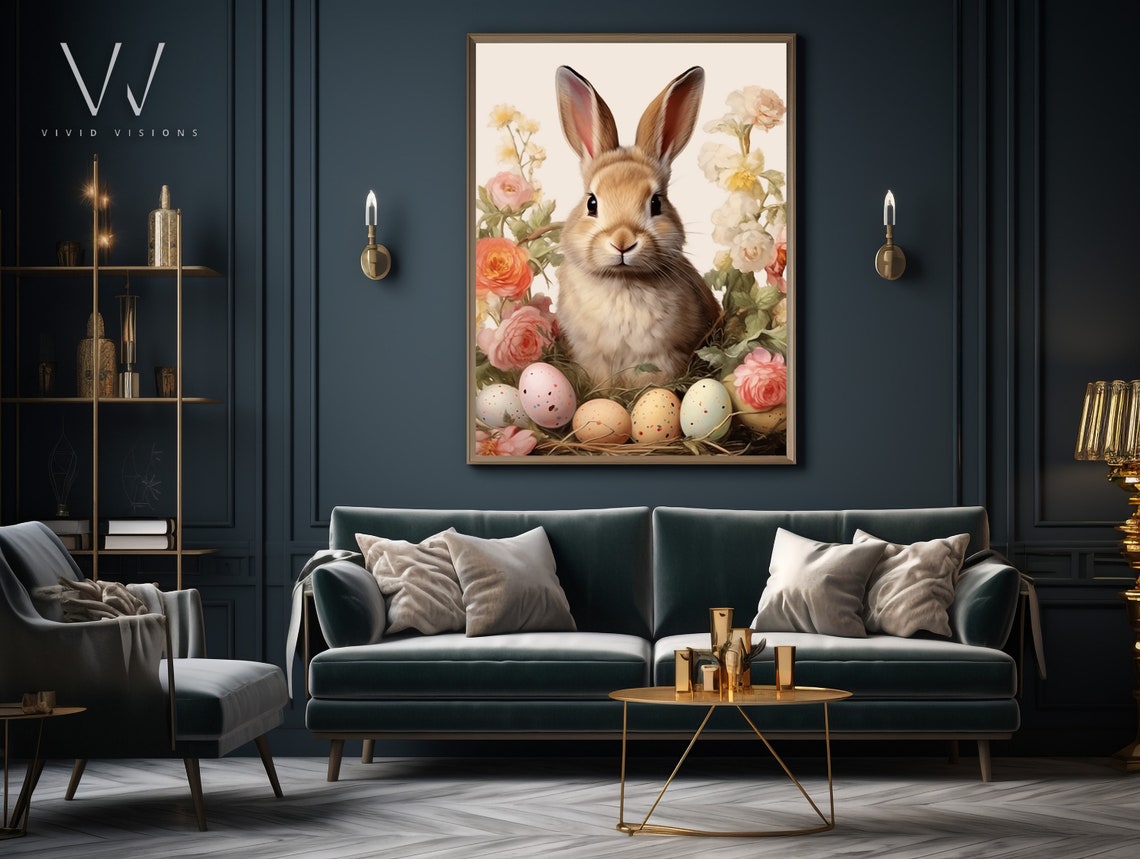 Easter Bunny with Speckled Eggs among Blush Roses Vintage Print - Image 3
