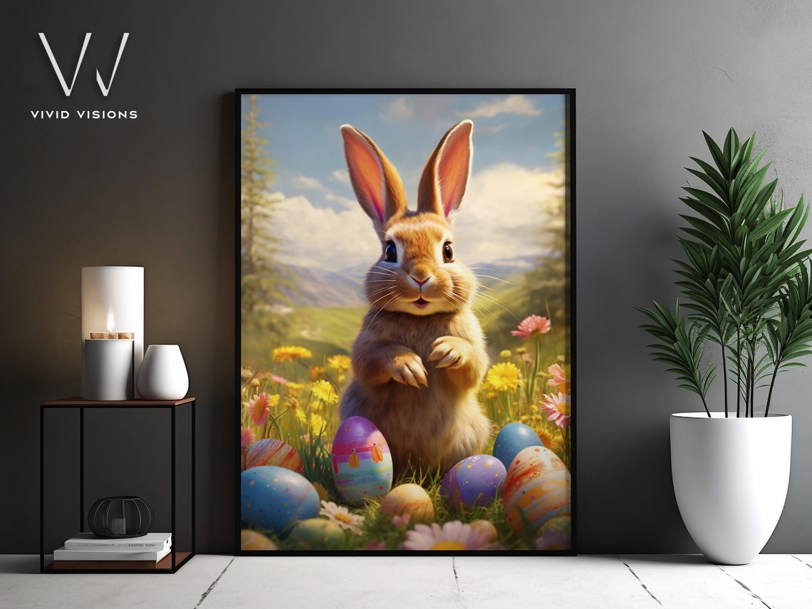 Cute Easter Bunny With Painted Eggs in a Spring Meadow Poster