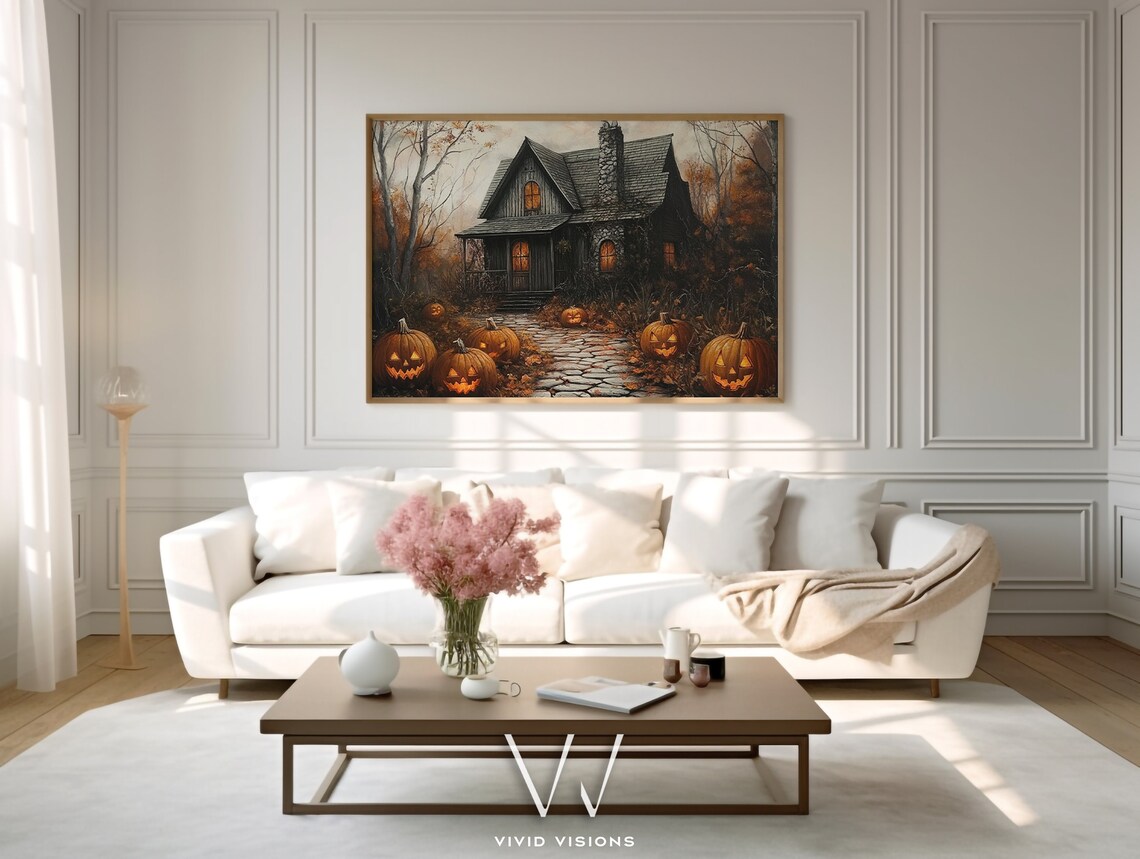 Rustic Cottage with Jack O Lanterns on Cobblestone Path Halloween Poster - Image 3