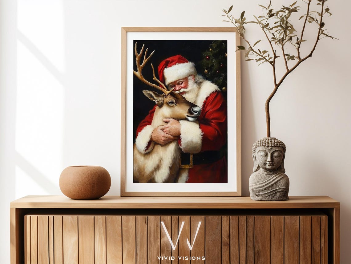 Santa Claus Hugging Reindeer Tender Christmas Eve Holiday Art Poster - Image 4