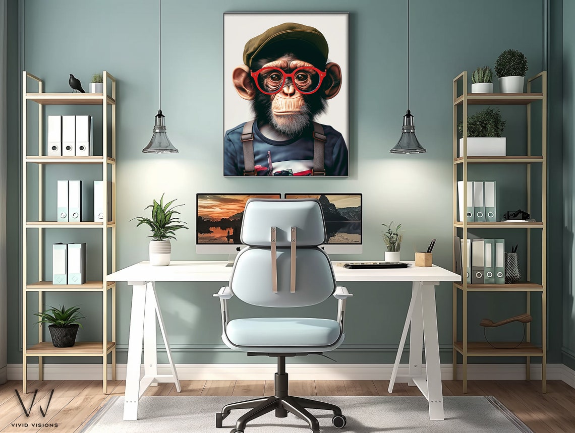Young Chimp in Olive Cap Red Glasses Suspenders Adorable Poster - Image 3