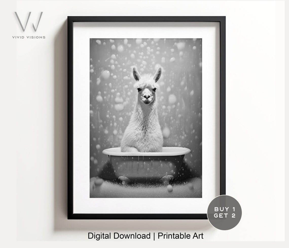Llama Bubble Bath Black White Funny Animal Bathroom Wall Art