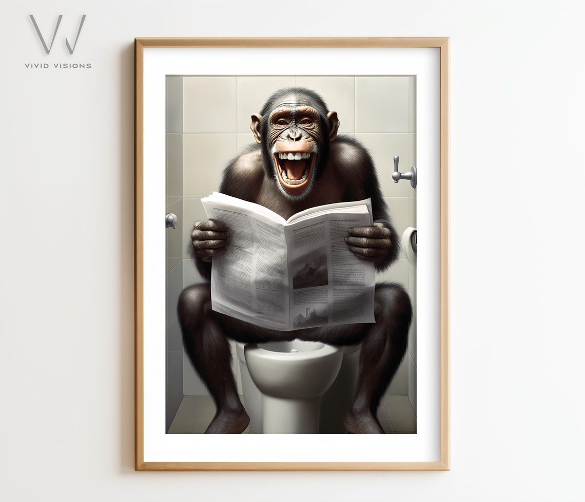 Hilarious Laughing Chimpanzee Reading Newspaper on Toilet Poster