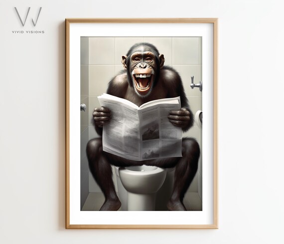 Hilarious Laughing Chimpanzee Reading Newspaper on Toilet Poster