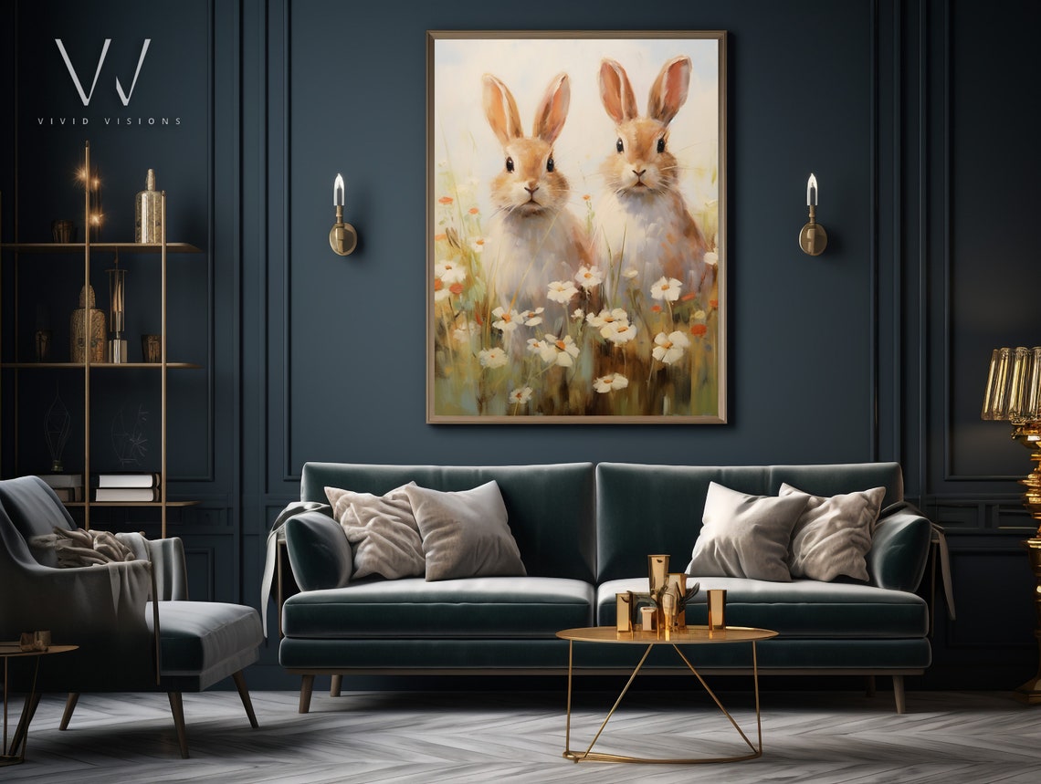 Two Tan Bunnies Daisy Field White Blooms Vintage Spring Poster - Image 3