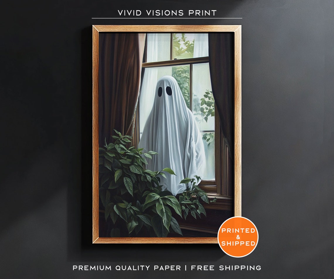 Ghost Peeking Through A Window Poster Cozy Houseplant Halloween Decor
