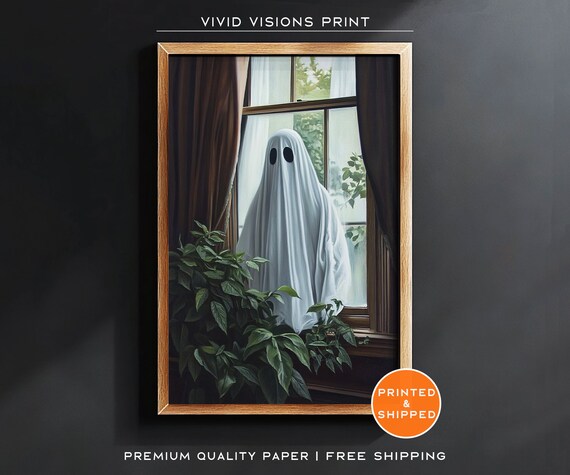 Ghost Peeking Through A Window Poster Cozy Houseplant Halloween Decor