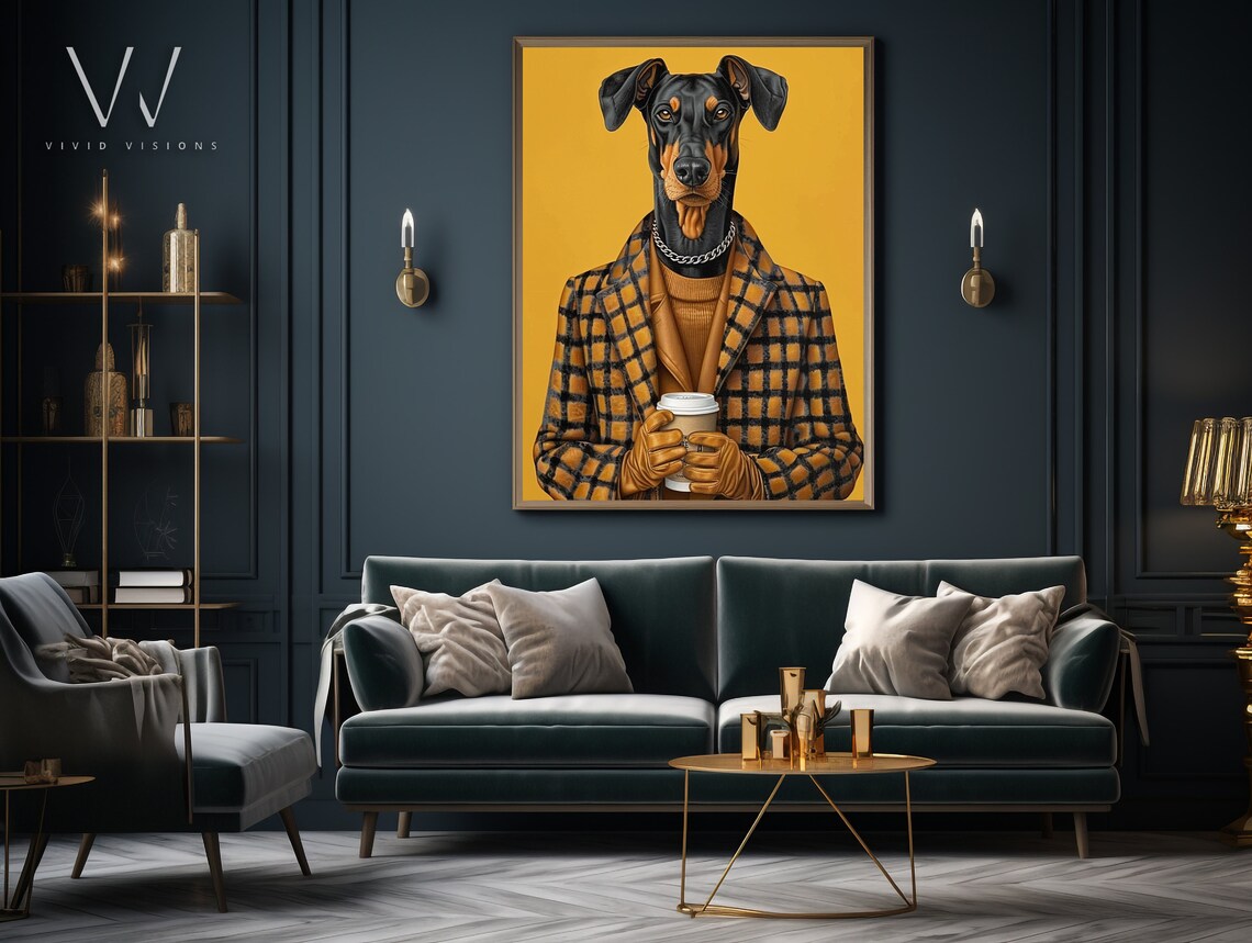Doberman Portrait Plaid Coat Chain Necklace Coffee Cup Chic Poster - Image 4