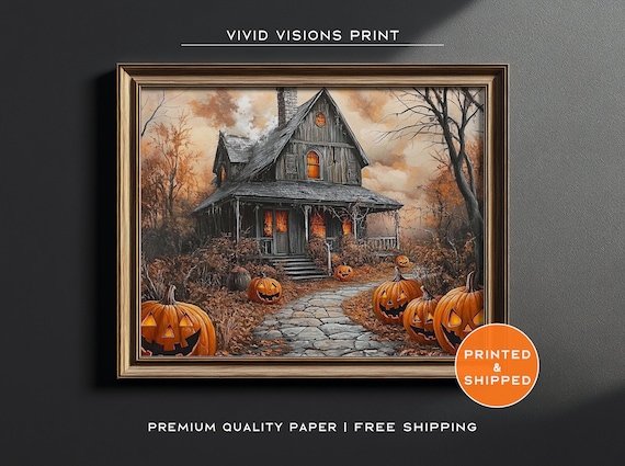 Haunted House with Glowing Jack O Lanterns Spooky Halloween Night Poster