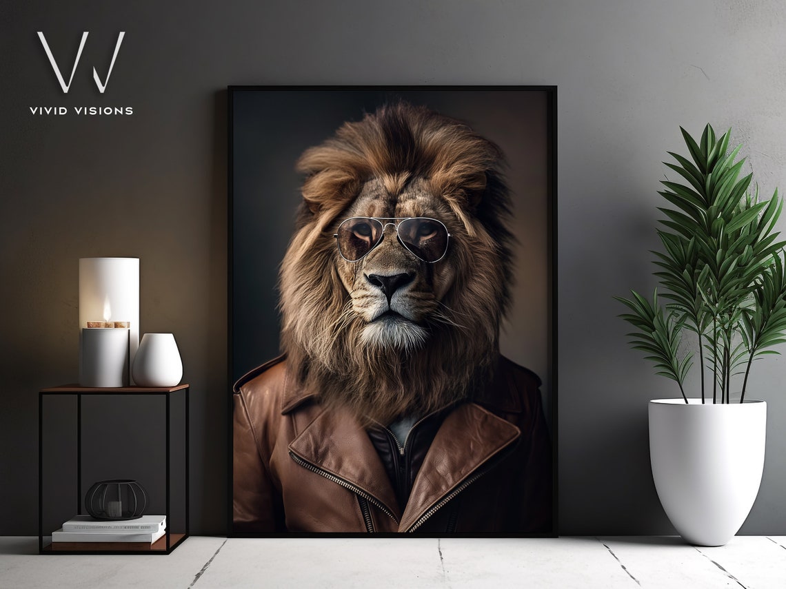 Lion in Brown Leather Jacket Aviator Sunglasses Rebel Animal Poster