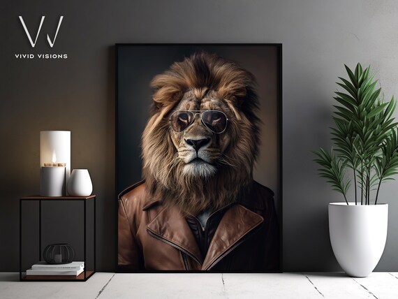 Lion in Brown Leather Jacket Aviator Sunglasses Rebel Animal Poster