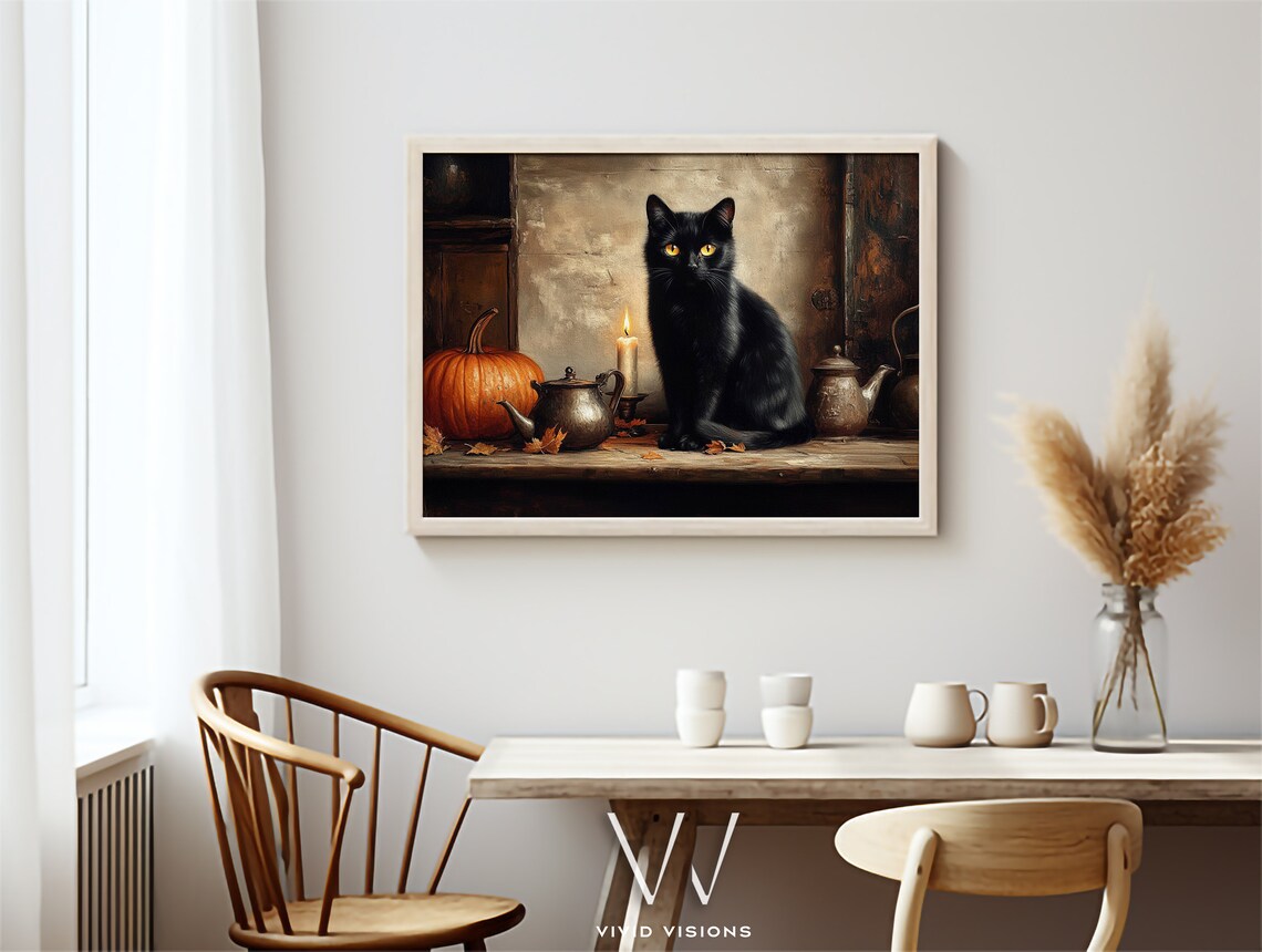Vintage Black Cat with Pumpkin Candle and Teapot Halloween Kitchen Poster - Image 4
