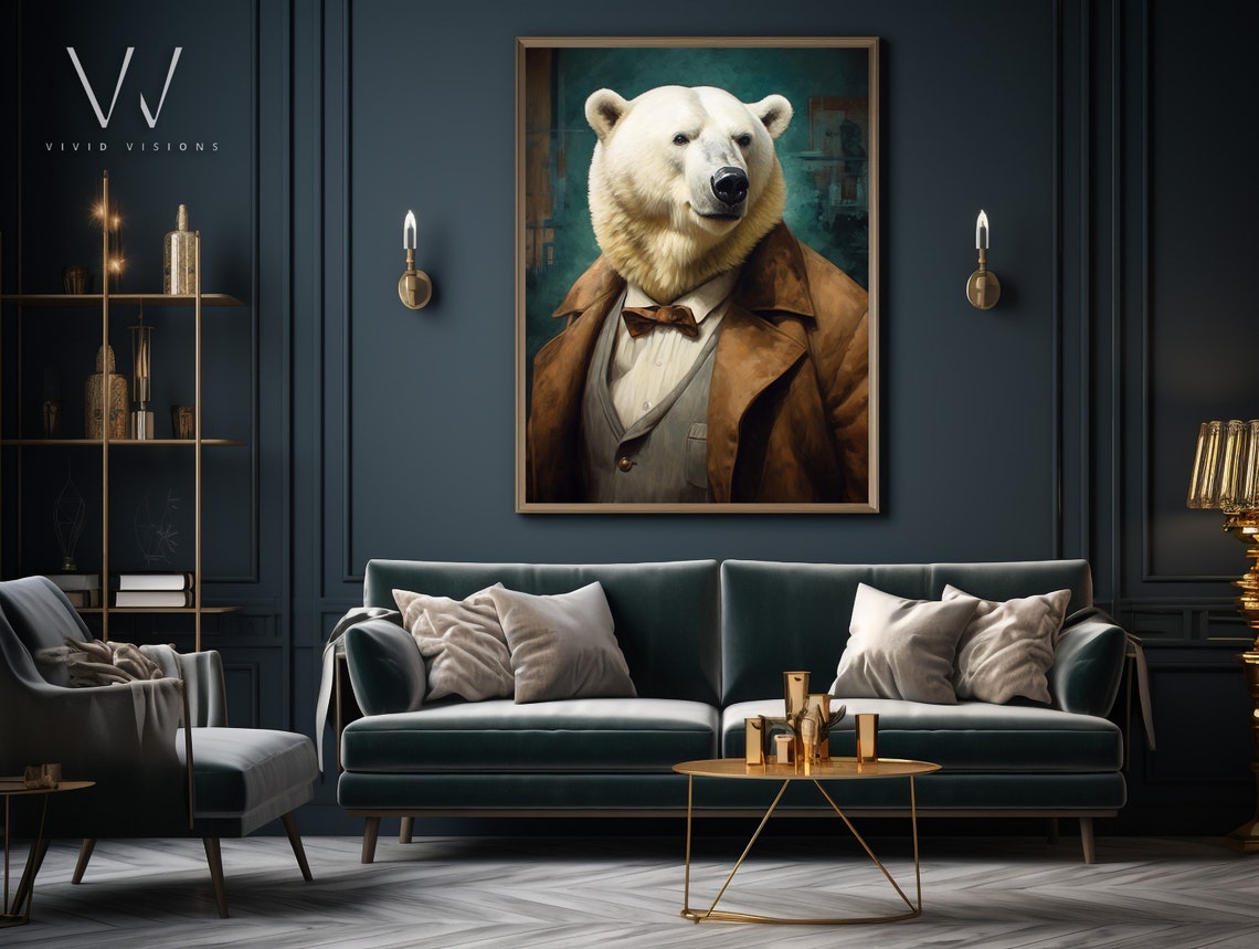 Polar Bear in a Brown Coat with Bow Tie Vintage Portrait Poster - Image 4