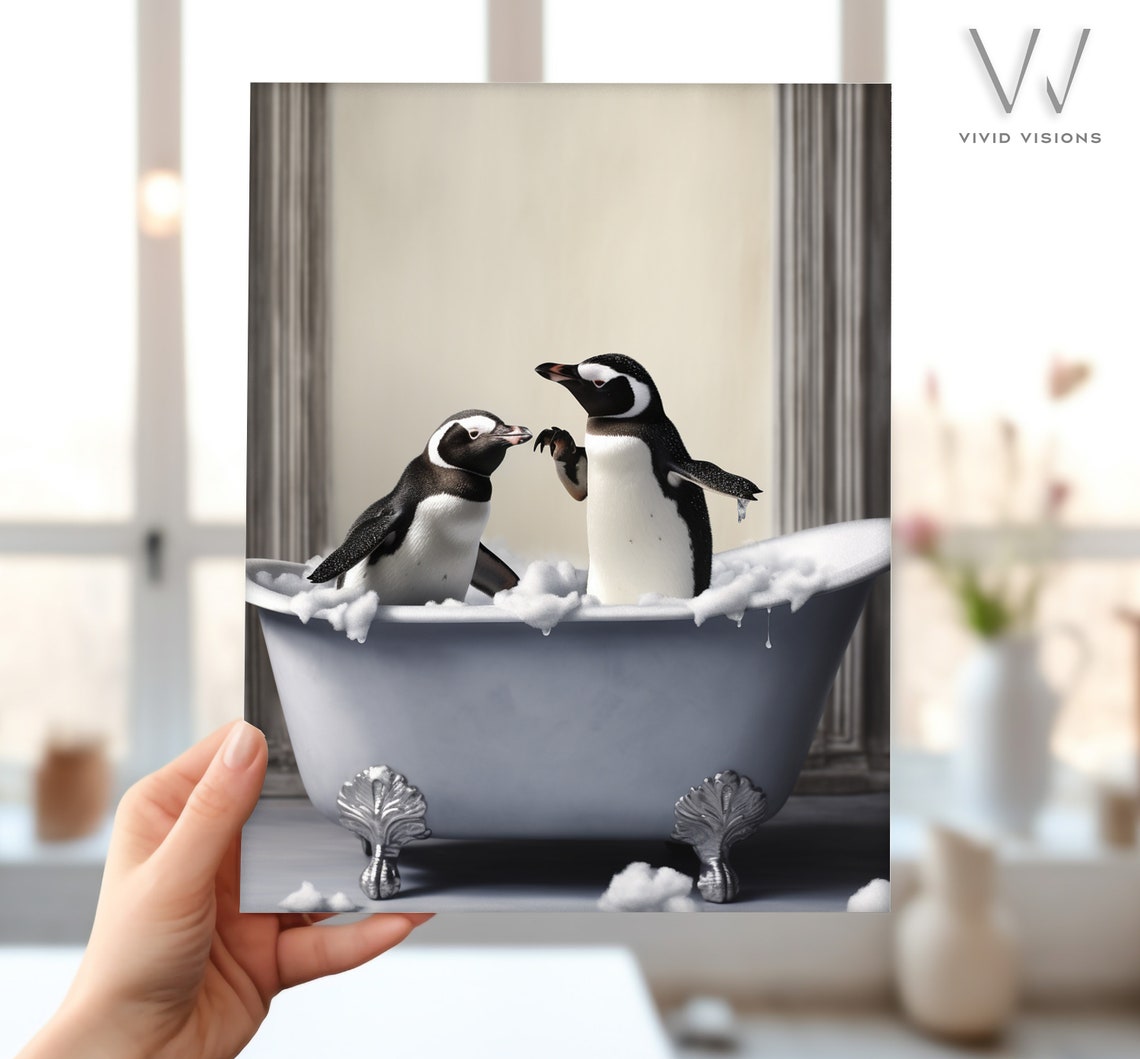 Two Penguins Playing in a Vintage Bathtub Funny Animal Poster - Image 4